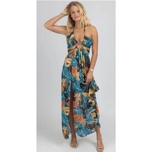 NWT L'ABEYE TEAL TROPICAL HIGH SLIT MAXI COVER UP M ES